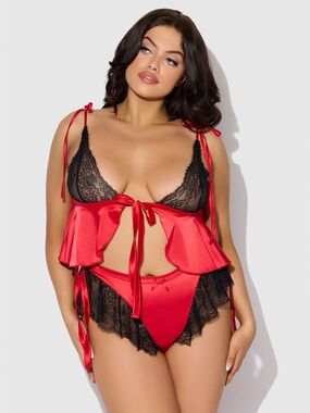 Frederick's of Hollywood Red Satin and Black Lace Tie-Front Set NWT